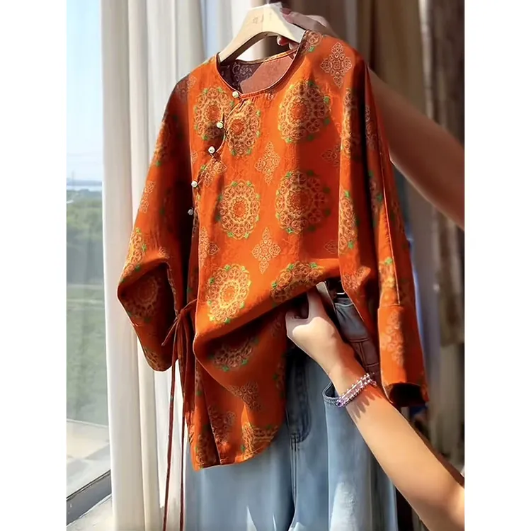 2025早秋新中式国风年轻款橘色衬衫女高级感洋气衣服减龄唐装上衣