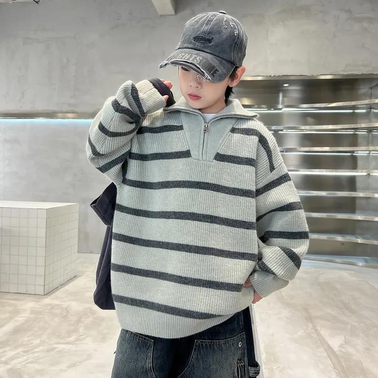 男童秋冬款毛衣加厚2025新款儿童冬季条纹高领拉链针织衫大童冬装