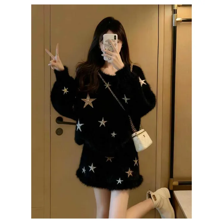小香风星星时尚套装女2025新款温柔慵懒风两件套黑色秋冬星星图案
