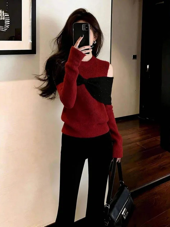 气质时尚欧货蝴蝶结露肩针织衫女秋冬氛围感洋气打底毛衣红色上衣