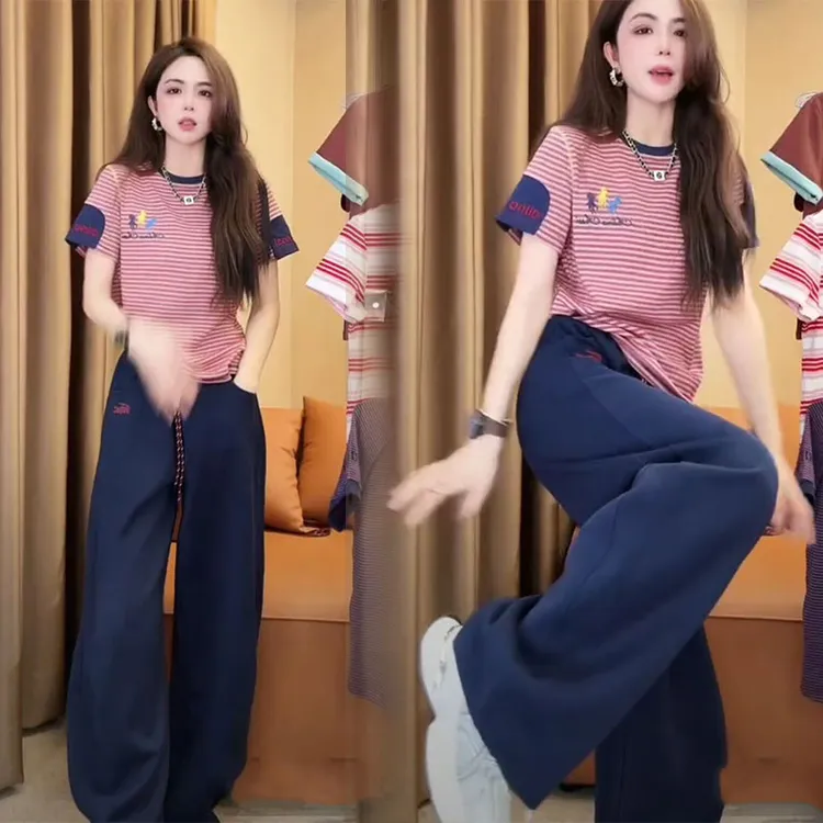 2025夏季撞色设计休闲运动套装显瘦条纹短袖t恤直筒卫裤两件套装