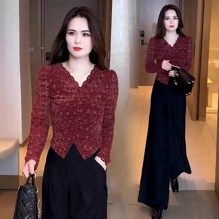 V领打底衫上衣女士2025春秋新款时尚减龄修身内搭T小衫阔腿裤套装