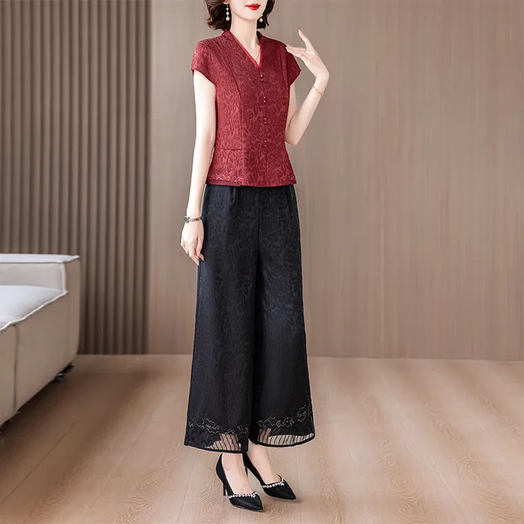 夏新款套装女中老年妈妈装时尚气质两件套大码中式休闲显瘦中国风