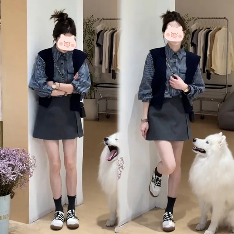 2025秋季新款时尚格子长袖显瘦衬衫女小个子百搭翻领小衫披肩套装