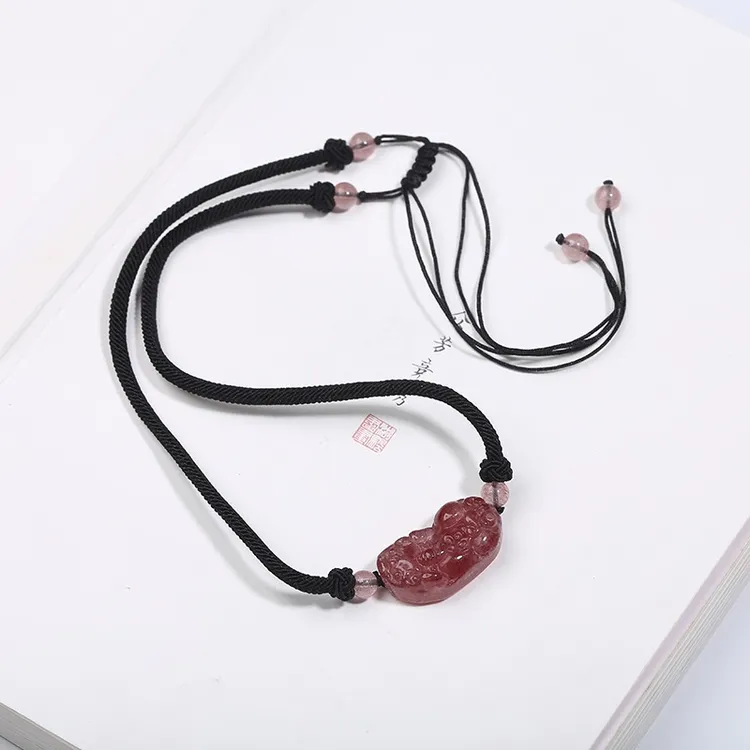 天然草莓晶黑曜编绳项链