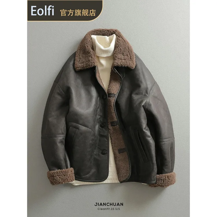 见川「皮毛一体」秋冬美式覆古风 廓形彷羊羔毛翻领PU皮外套 男