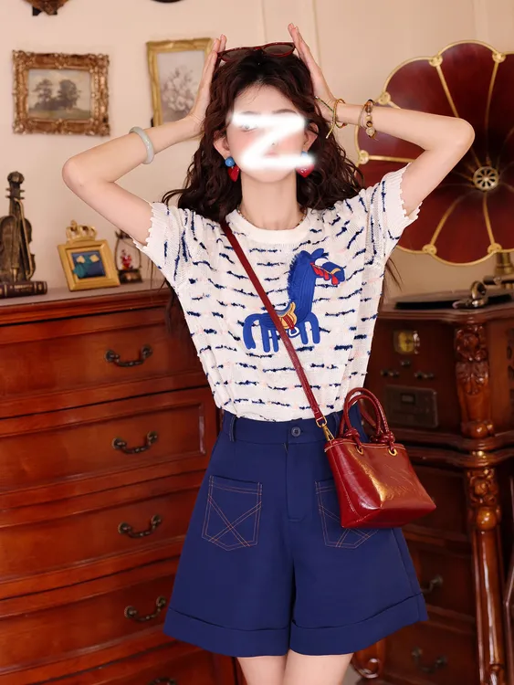 Y1283条纹夏季短袖t恤女2025新款圆领休闲针织上衣牛仔短裤两件套