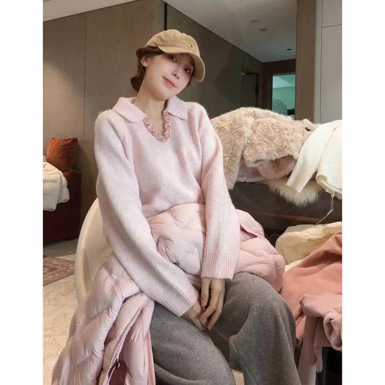 徐靖靖【V领毛衣】韩版时尚V领百搭可翻领加厚洋气针织毛衣2510113