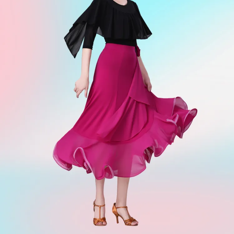 浪漫大三点帕斯女半身裙大摆裙广场舞交谊舞国际舞新款荷叶边长裙