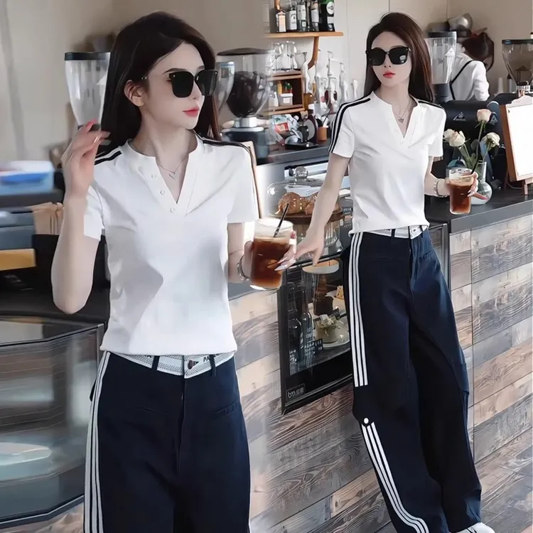 时尚休闲运动套装女2025夏新款洋气小个子V领T恤高腰阔腿裤两件套