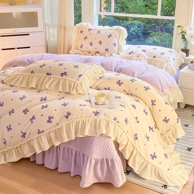 冬季加厚牛奶绒床盖四件套床上用品夹棉韩版防静电毛绒公主风床品