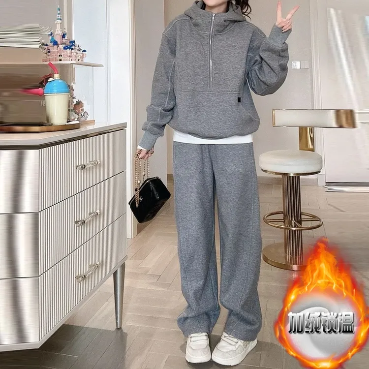 新款百搭加绒连帽卫衣套装女欧洲站韩版洋气气质保暖阔腿裤两件