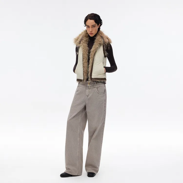 INTERRIS静奢显贵复古双面穿环保皮草保暖拉链毛绒马甲羊羔毛冬女