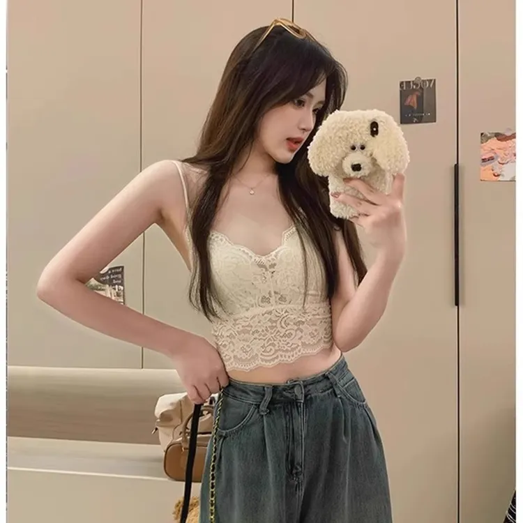 芯娇晴蕾丝v领卡腰吊带背心女夏内搭美背文胸一体带胸垫外穿上衣