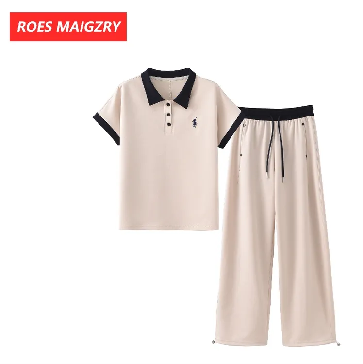 ROES MAIGZRY夏季爆款骑马射箭POLO领系扣套装长裤拼接腰显瘦休闲