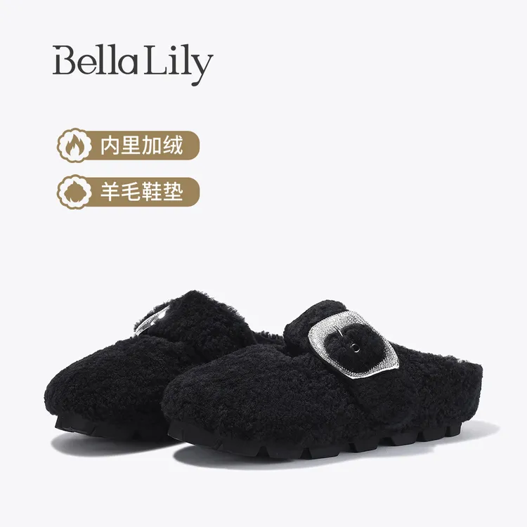 BellaLily2025冬季新款外穿毛毛拖鞋时尚羊毛拖高级感厚底包头拖
