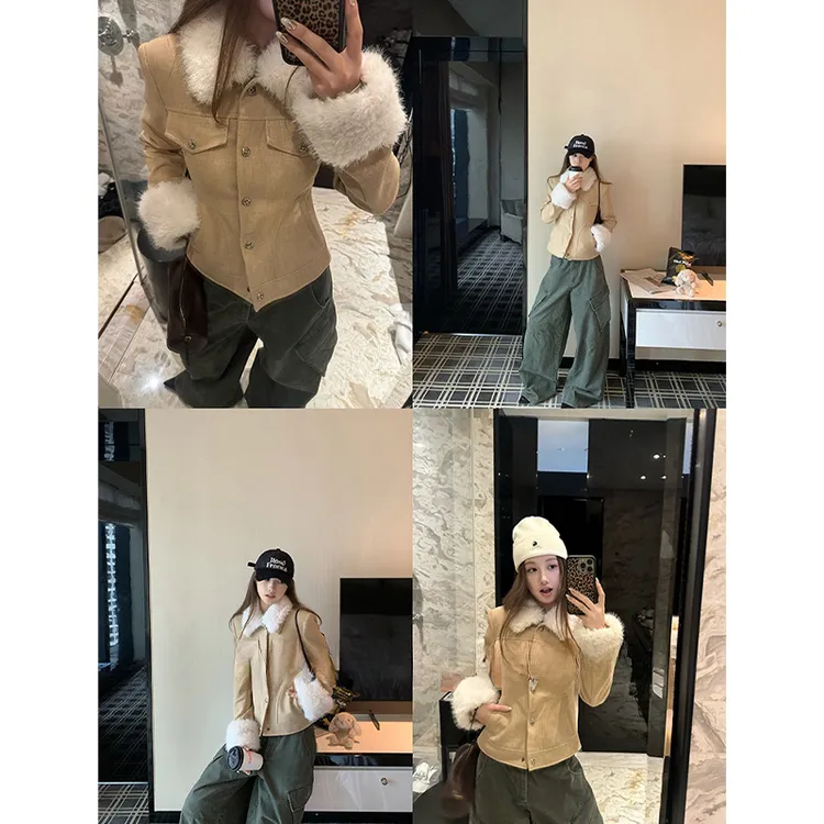 2025新款毛呢复古风拼毛修身连帽收腰双色夹克通勤棉服外套女秋季