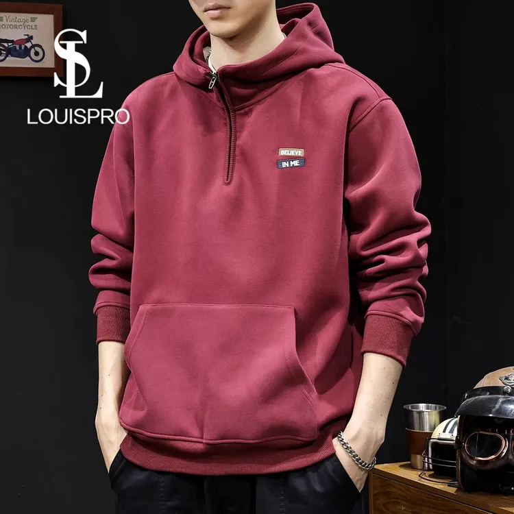 Louispro半拉链连帽卫衣男新款秋冬重磅衣服潮牌男装大码男士酒红