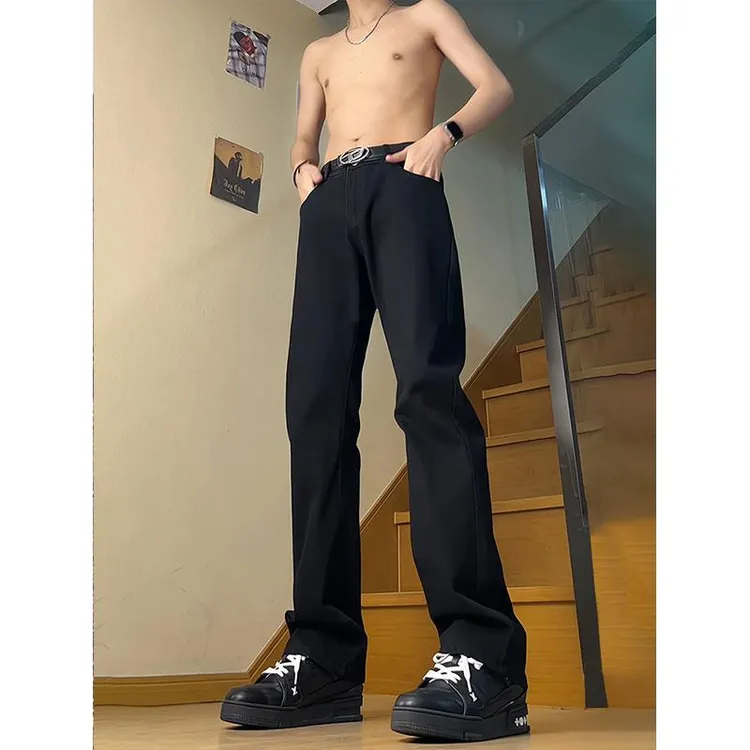 纯黑色牛仔裤男款皮带款2025美式高街vibe裤子修身直筒弯刀微喇裤