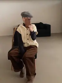 灰灰呀！韩女针织叠穿 设计感粗针质感麻花无袖百搭连帽毛衣马甲