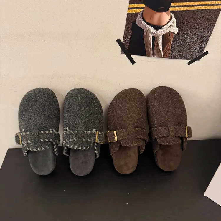 秋冬毛呢！复古厚底包头半拖勃肯毛毛鞋女2025外穿一脚蹬保暖棉拖