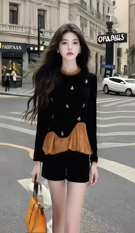 秋季新款时尚氛围感拼接设计感圆领长袖上衣+黑色百搭短裤两件套