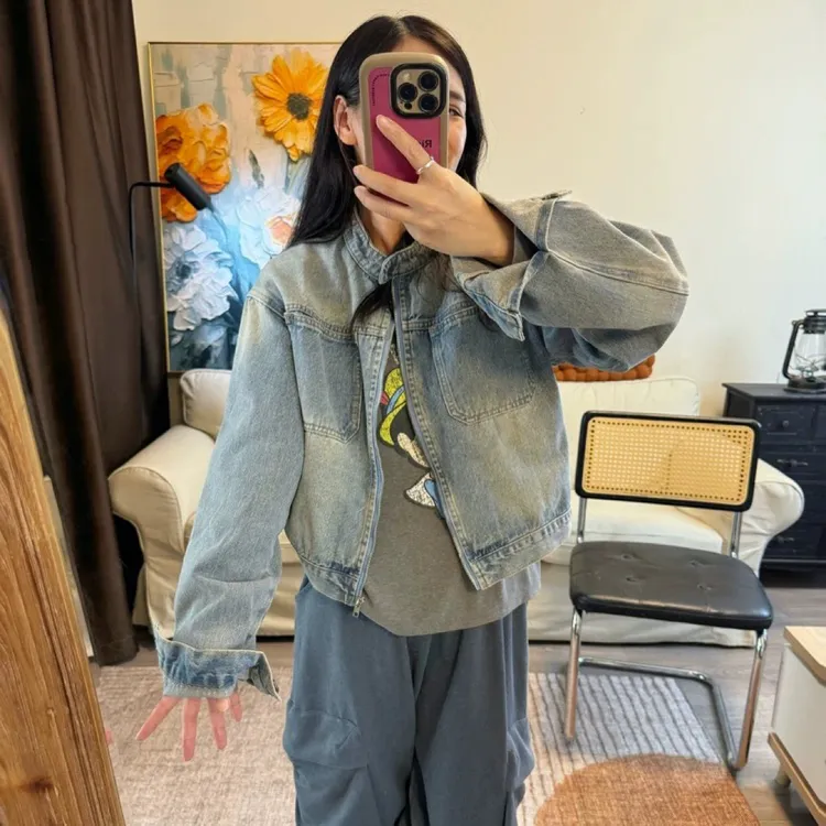 简约气质款！韩国东大门代购宽松版牛仔大口袋休闲款水洗牛仔外套