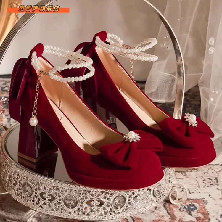 玛丽珍红色婚鞋新娘鞋配旗袍裙子蝴蝶结高级感中式秀禾服高跟单鞋
