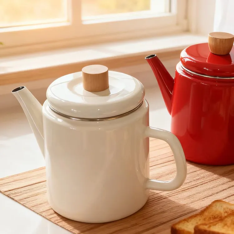 手工搪瓷-1.5L包边咖啡壶-红色-白色-可电磁炉煤气灶明火炭火加热