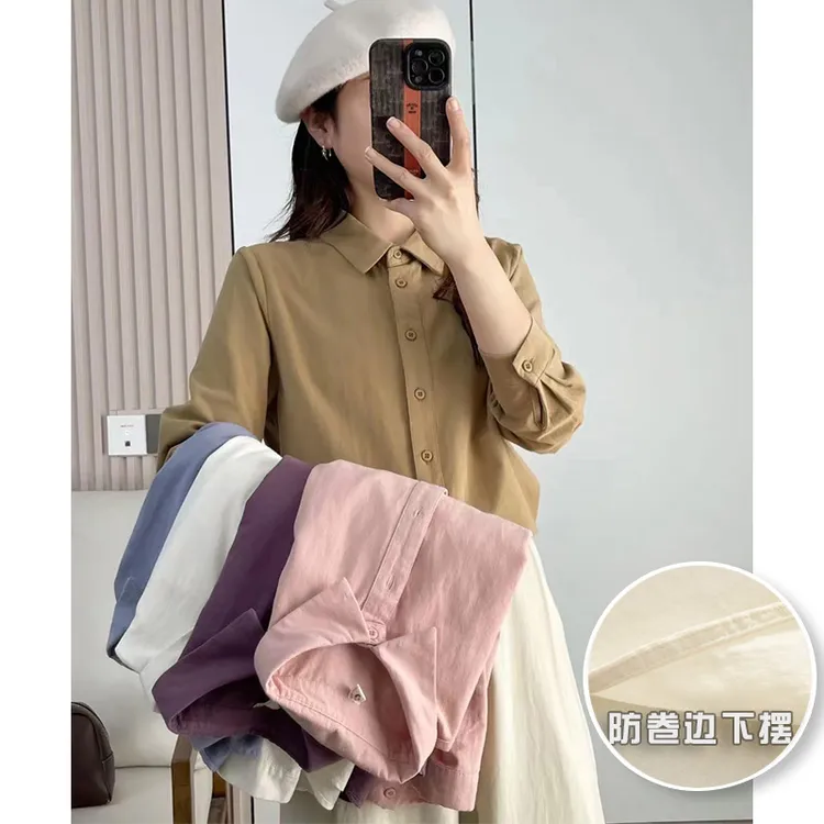 「100%棉 防卷边」纯棉磨毛厚款衬衫女百搭休闲纯色衬衣秋季女衬衣