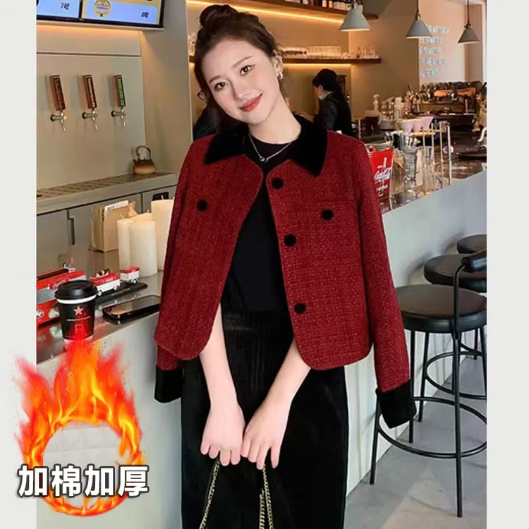 时尚小香风毛呢外套女2025年春秋新款高级感气质名媛红色外套女