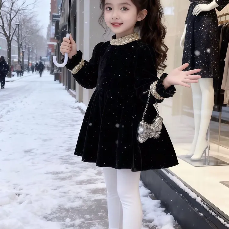 女童闪闪加绒连衣裙2025秋冬新款儿童宝宝韩版生日礼服裙气质裙子