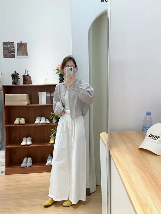 【无忧】夏季新款休闲风韩系防晒开衫白色吊带高腰白色休闲长裤藏青