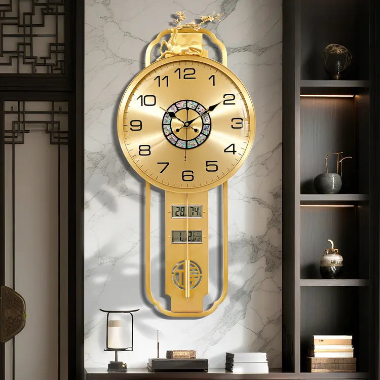 新中式黄铜福鹿挂钟家用客厅石英万年历钟表高端装饰挂墙静音时钟