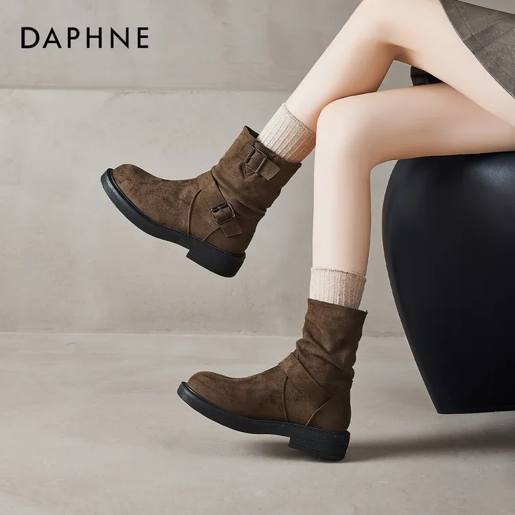 达芙妮棕色短靴女2025新款秋季厚底西部牛仔靴马丁靴美拉德堆堆靴