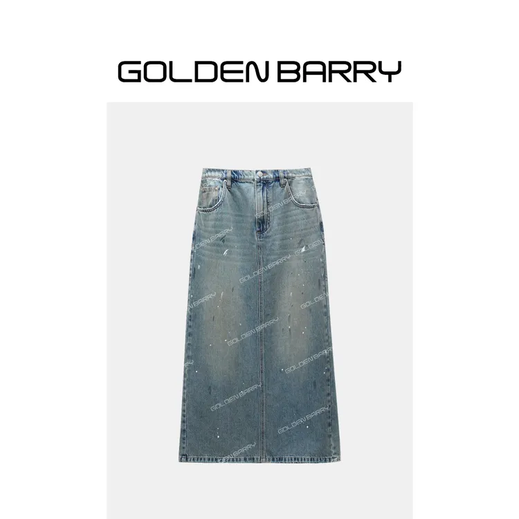 GOLDENBARRY「夏日蓝调」时尚直筒休闲水洗泼墨牛仔半裙315086