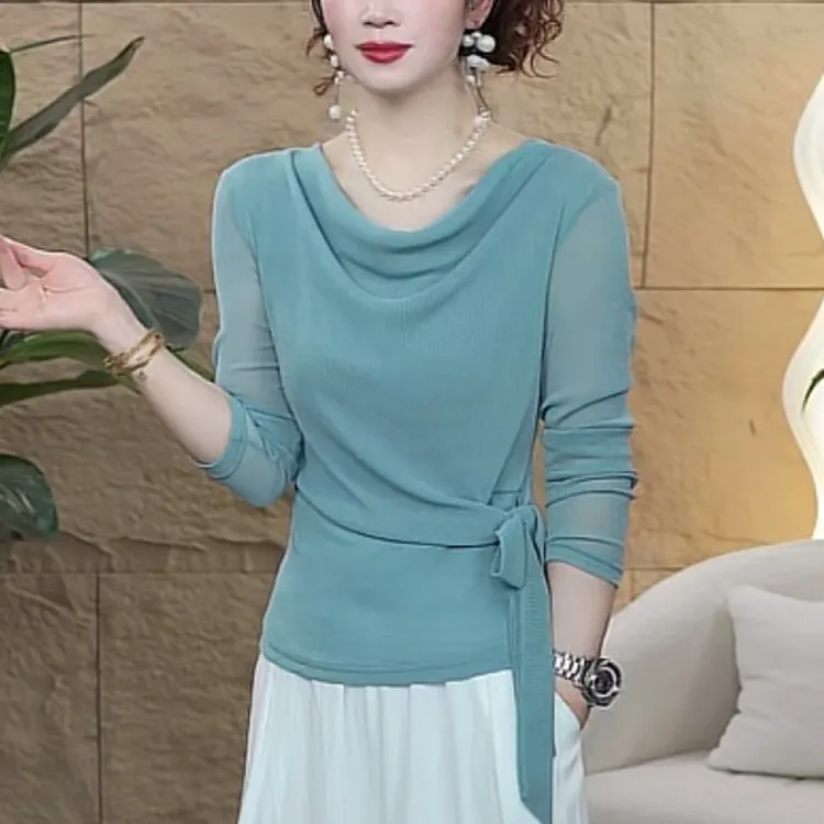 【歌莱图】2025早秋新款时尚显瘦绑带堆堆领长袖修身百搭小衫#9119