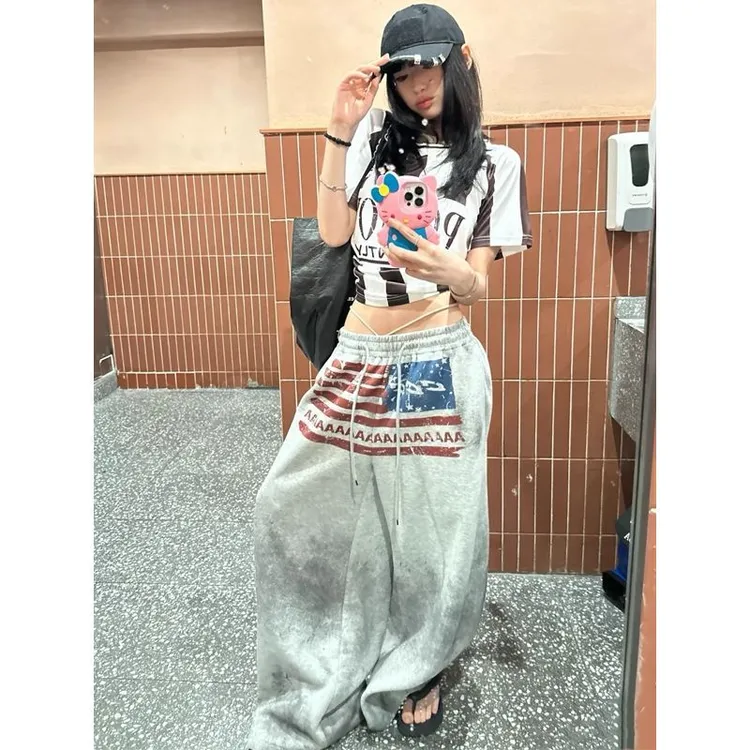 美式复古字母印花抽绳松紧腰卫裤男女宽松直筒休闲阔腿裤运动长裤