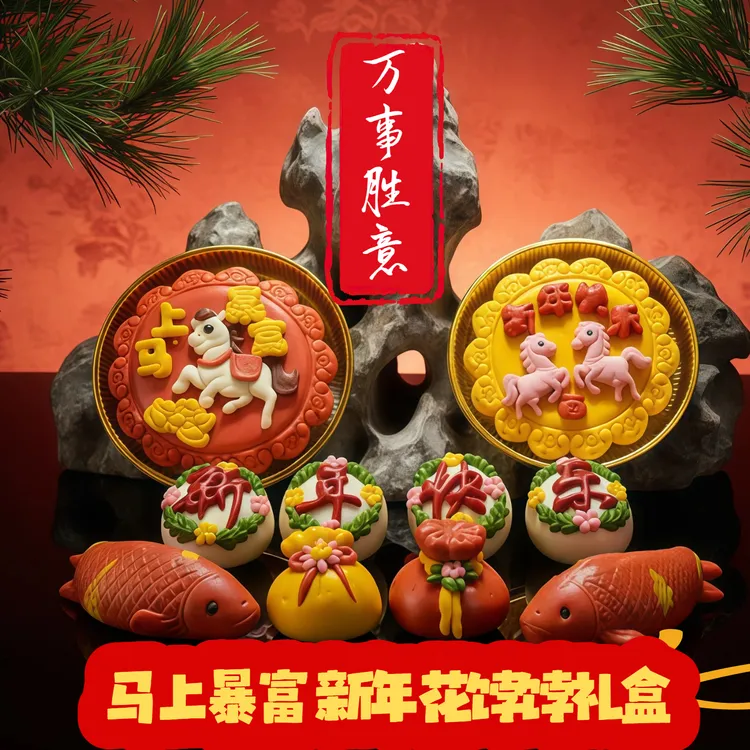 2026马年新年花馍礼盒花饽饽送礼过年馒头寿桃批发