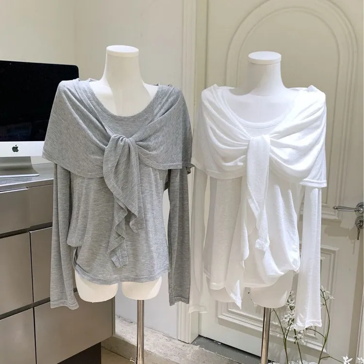 韩系慵懒松弛设计感长袖T恤女chic别致气质漂亮披肩两件套装秋潮