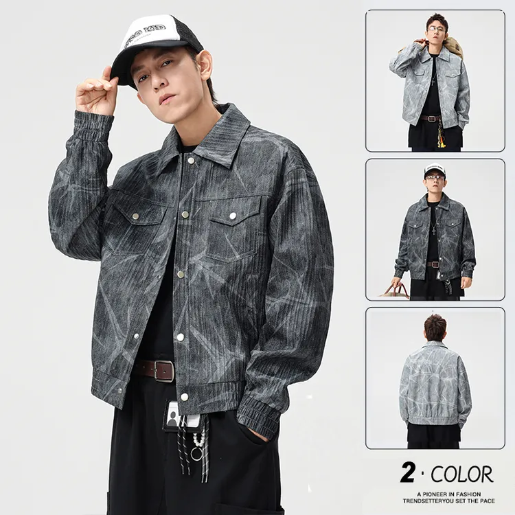 春秋男立领夹克休闲长袖宽松夹克纽扣水洗几何宽松型翻领日系常规