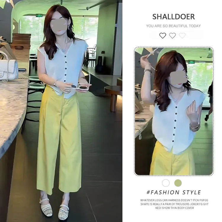 韩版减龄套装女夏季新款潮流V领针织衫无袖背心阔腿休闲裤两件套