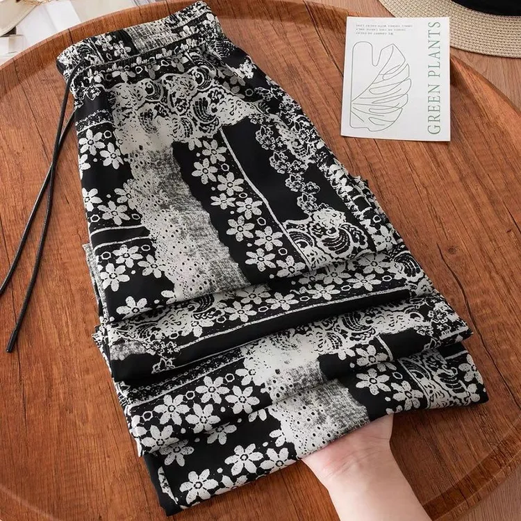 高腰复古印花直筒裤女2025夏季轻薄新款减龄休闲裤宽松宽松阔腿裤