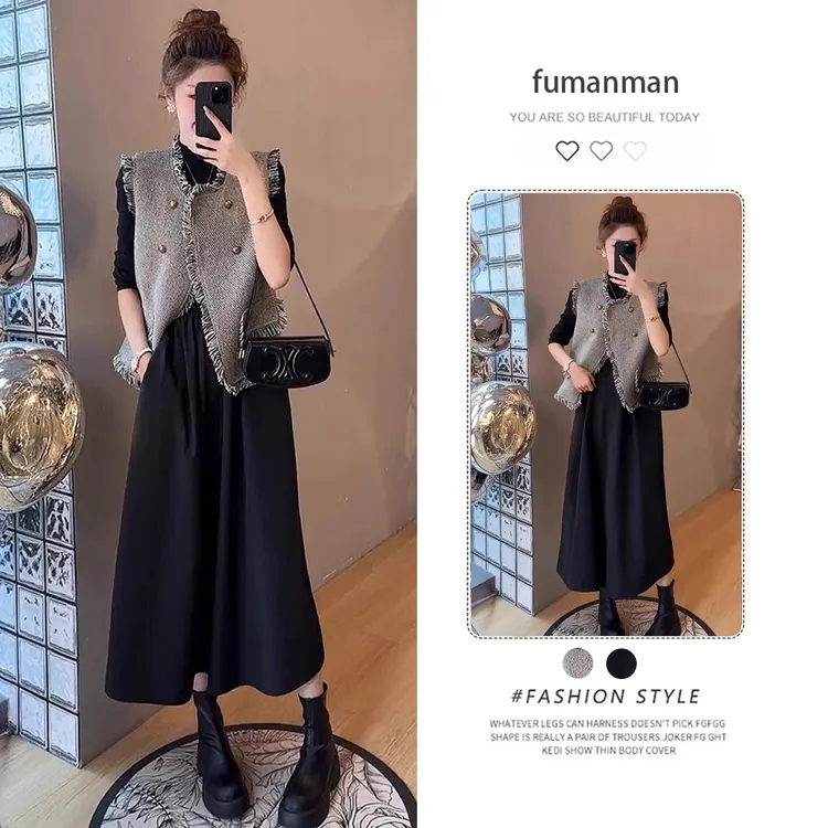 秋季套装女2024新款时尚气质小香风马甲配显瘦赫本风连衣裙两件套