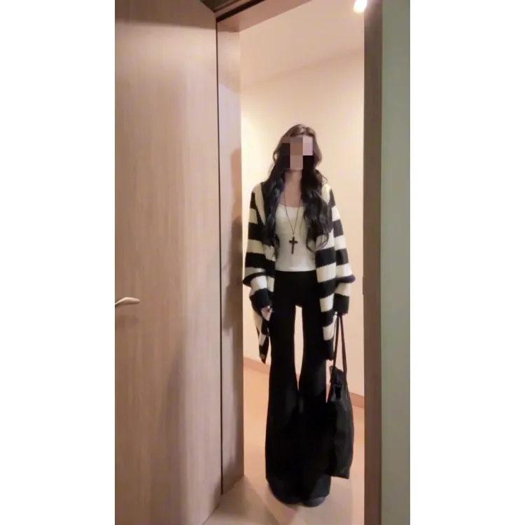 MARIE.COCO韩系氛围感黑白条纹长袖毛衣外套吊带背心女秋季微喇裤