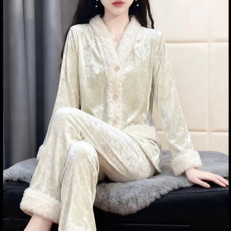 tpv1 女士秋冬加绒加厚毛边可外穿海岛绒睡衣长袖保暖套装