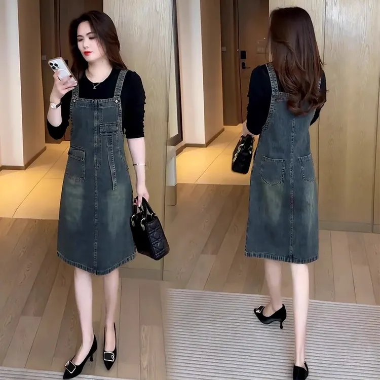 时尚牛仔背带裙女2025春季新款洋气显瘦减龄宽松假两件拼接连衣裙