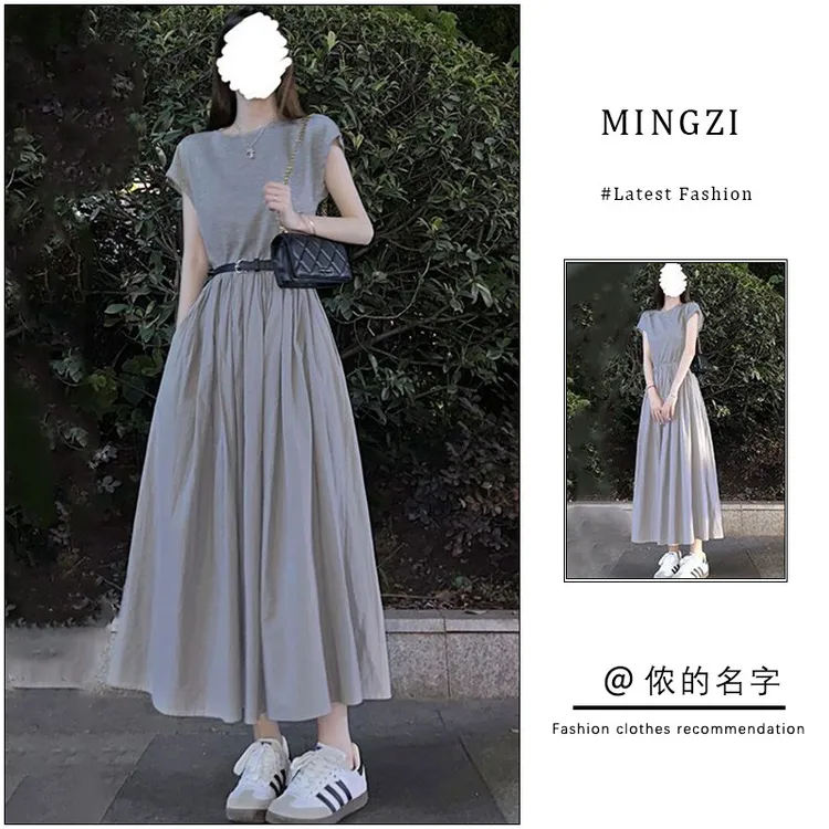 法式气质灰色短袖连衣裙女2025夏季新款高级感收腰显瘦短袖长裙