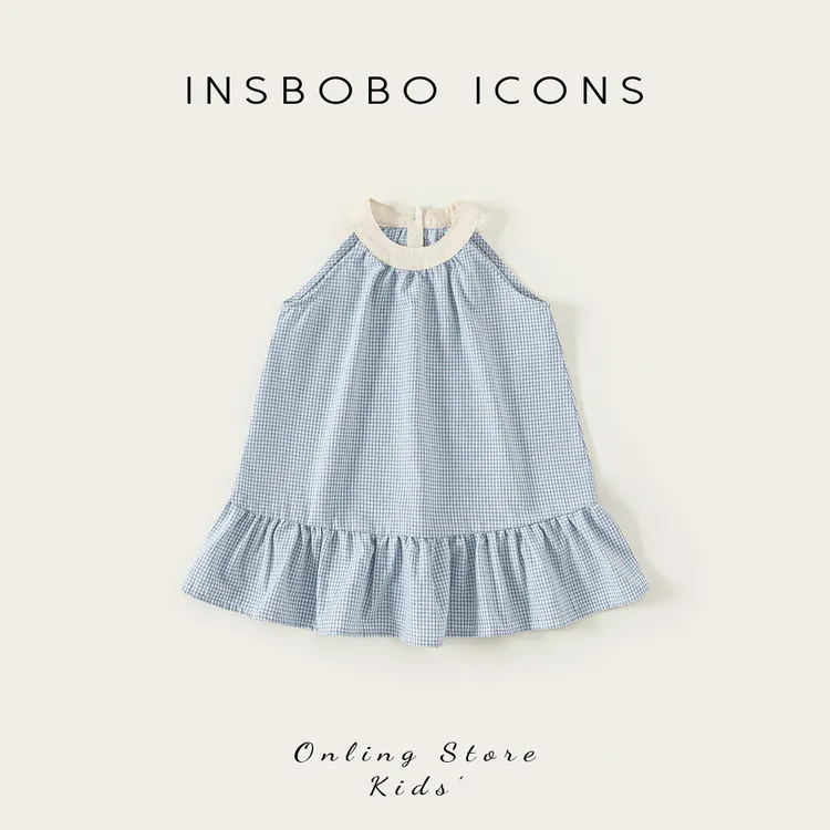 INSbobo女童挂脖公主裙夏季休闲洋气格子荷叶边无袖连衣裙XQ25438