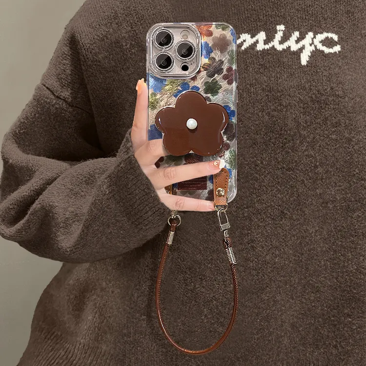 复古花支架适用苹果17华为vivo/oppo小米iPhone精孔冰川纹手机壳